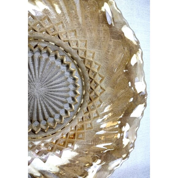 Amber Glass Bowl Vintage Carnival Diamond Pattern Ruffle Trim Clear 6.5 Inches - Picture 4 of 11